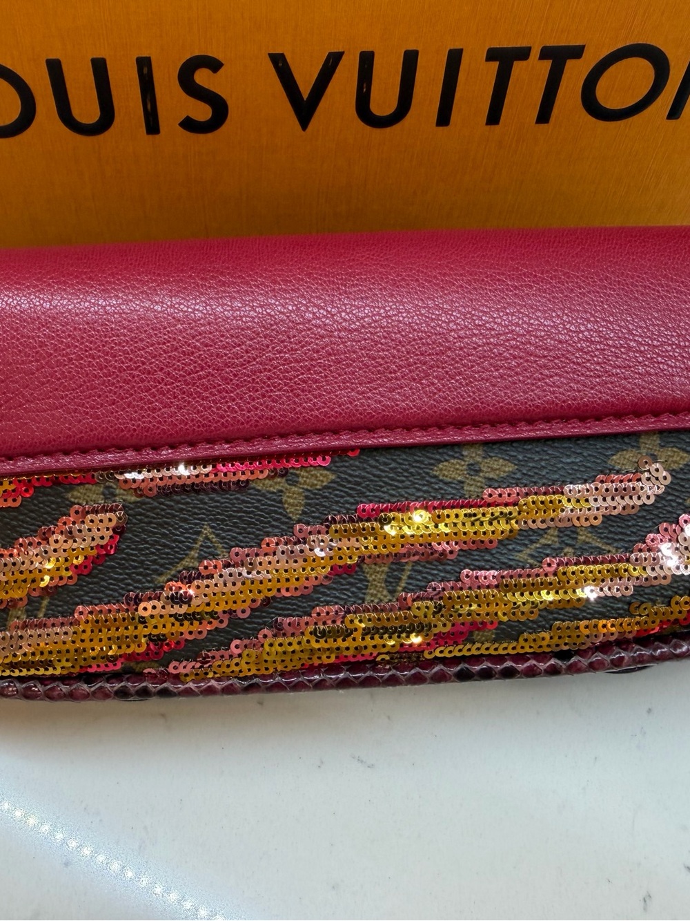 Louis Vuitton Magenta pink Sequin-Embellished Monogram Clutch with python Trim. - Picture 7 of 13